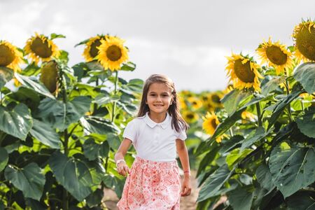 Pretty girl standing among sunflowersの写真素材