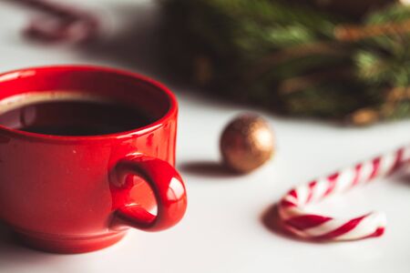 Cup of coffee with sweets for Christmas, festive mood, New Year.