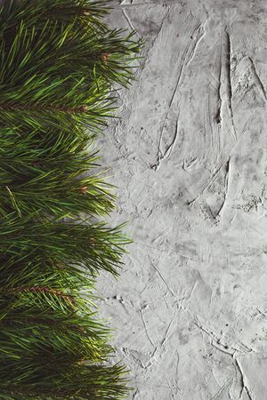 Christmas or New Year background with fir tree, pine branches on grey table. Happy new year concept, copy spaceの写真素材