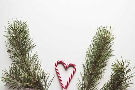 Heart shape made of tasty candy canes and fir tree twig on color background, top view Space for textの写真素材