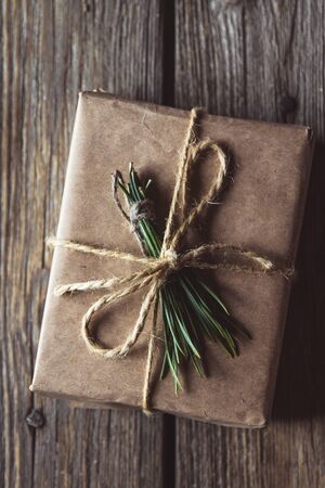 Vintage gift box on old wooden background.の写真素材
