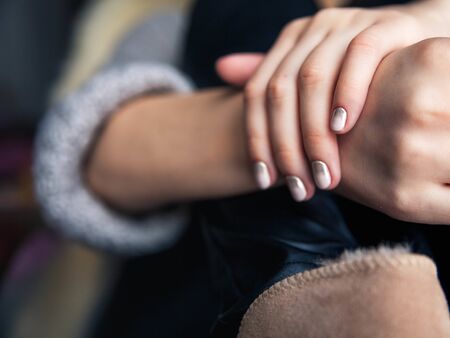 Stylish gray manicure with overflowing! Fashion, hands, fingersの写真素材