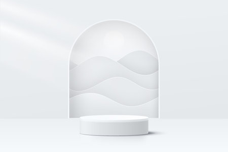 Abstract 3D room with realistic white cylinder pedestal podium and wavy layers in arch shape window. Minimal scene for product display presentation. Vector geometric platform design. Stage showcase.のイラスト素材