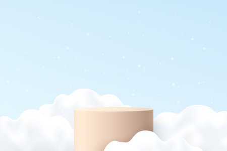 Abstract light blue 3D room with realistic cylinder stand or podium and white cloud sky flying. Minimal wall scene for product display presentation. Vector geometric platform. Stage showcase.のイラスト素材