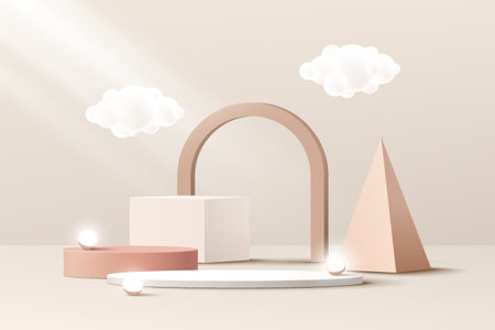 Abstract realistic 3D white, cream and beige steps cylinder pedestal podium set with pastel minimal wall scene for cosmetic product display presentation. Vector geometric rendering platform design.のイラスト素材