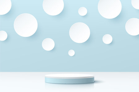 Abstract 3D room and realistic blue cylinder pedestal podium with white circles or polka dot scene. Minimal scene for product display presentation. Vector geometric platform design. Stage for showcaseのイラスト素材