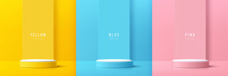 Set of yellow, blue and pink realistic 3d cylinder pedestal podium with vertical texture background. Abstract vector rendering geometric forms. Pastel minimal scene. Stage showcase, Product display.のイラスト素材