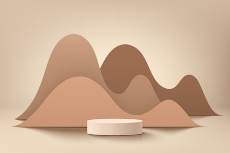 Abstract 3D room and realistic cream cylinder pedestal podium with beige and brown wavy layers shape scene background. Minimal scene for mockup product display. Vector geometric forms. Stage showcase.のイラスト素材