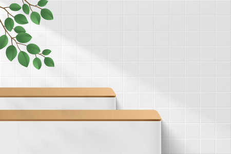 Abstract realistic 3D white cylinder pedestal or stand podium with green leaf and shadow. White, Gray minimal scene for product display presentation. Vector geometric rendering platform. Studio room.のイラスト素材