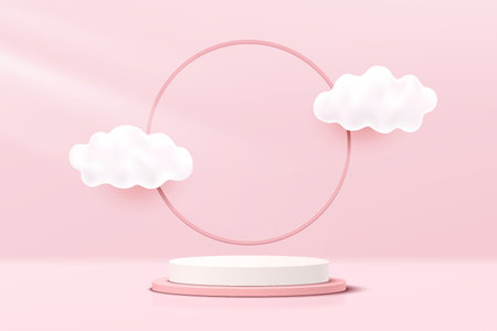 Abstract White, Pink 3D cylinder pedestal podium with cloud flying and circle ring backdrop. Pastel pink minimal scene for product display presentation. Vector geometric rendering platform design.のイラスト素材