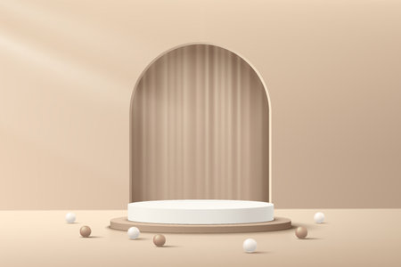 Abstract 3D beige cylinder pedestal podium with arch window and curtain inside. Luxury brown minimal wall scene for cosmetic product display presentation. Vector geometric rendering platform design.のイラスト素材