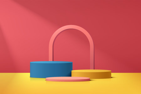 Abstract 3D blue, Yellow and pink cylinder pedestal podium set with arch shape element. Trendy color minimal wall scene for cosmetic product display presentation. Vector geometric rendering platform.のイラスト素材