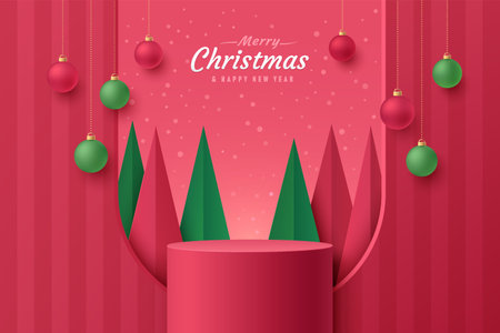 Abstract realistic 3D red cylinder stand podium with modern green Christmas tree and luxury ball. Merry Christ, happy new year scene for product display. Vector rendering platform.のイラスト素材
