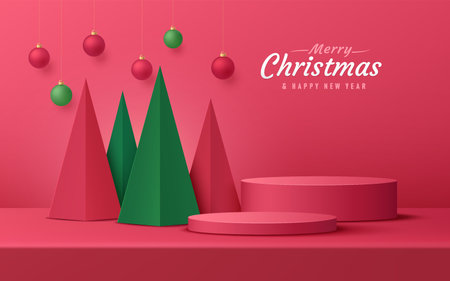 Abstract realistic 3D red cylinder pedestal podium set with modern green tree and ball. Merry Christmas and happy new year scene for product display. Vector rendering platform.のイラスト素材