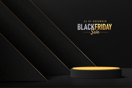 Abstract realistic 3D black cylinder podium with triangle backdrop, golden glitter. Luxury black Friday sale scene for product display. Vector geometric rendering platform.のイラスト素材