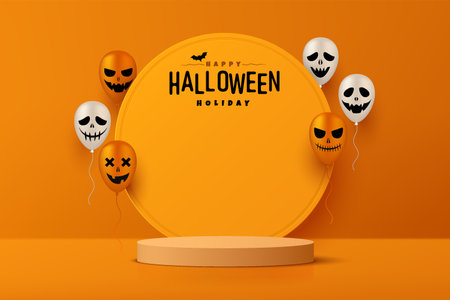 Abstract realistic 3D orange cylinder pedestal podium, Halloween balloon spooky face. Happy Halloween minimal scene for product display. Vector geometric rendering platform.のイラスト素材
