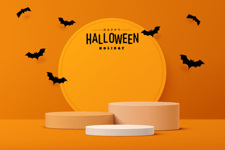 Abstract realistic 3D white and orange cylinder pedestal podium set with bat cartoon flying. Happy Halloween minimal scene for product display. Vector geometric rendering.のイラスト素材
