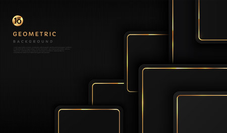 Abstract geometric square overlap layered on black background with luxury golden line elements. Modern futuristic design. Can use for cover template, poster, banner web, Print ad.のイラスト素材