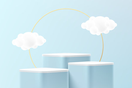 Abstract realistic blue and white 3D cube stand podium set with cloud flying, gold circle backdrop. Pastel blue minimal scene for product display. Vector platform rendering design.のイラスト素材