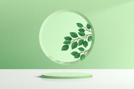 Abstract realistic 3D green cylinder pedestal podium green leaf in circle window. Pastel green minimal scene for product display. Vector geometric rendering. Stage showcase.のイラスト素材
