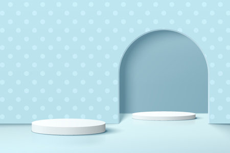 Abstract realistic blue and white 3D cylinder pedestal podium set, blue polka dots background. Pastel blue minimal scene for product display. Vector geometric rendering platform.のイラスト素材