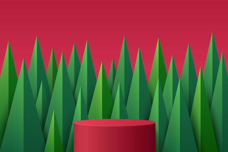 Abstract red realistic cylinder 3D stand podium, modern green Christmas tree background. Merry Christmas, Happy new year scene for product display. Vector rendering platform designのイラスト素材