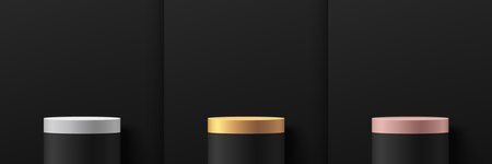 Set of silver, gold, pink gold and black realistic 3d cylinder stand podium, abstract studio room. Luxury minimal wall scene. Vector rendering geometric platform. Product display.のイラスト素材