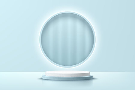 Realistic white and blue 3D cylinder pedestal podium, illuminate ring neon and stripes pattern in window. Minimal scene for product display. Vector rendering geometric platform.のイラスト素材