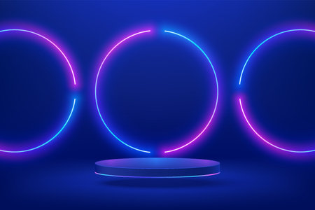 Realistic 3d dark blue cylinder pedestal podium in Sci-fi dark blue abstract room, illuminate circles shape neon lamp. Vector rendering product display. Futuristic minimal scene.のイラスト素材
