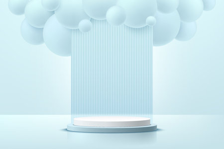 Realistic white and blue 3D podium, bubbles or blue sphere balls flying and vertical pattern background. Minimal scene for product display. Vector rendering geometric platform.のイラスト素材