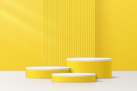 Abstract 3D yellow room, set of realistic white yellow cylinder podium. Minimal vertical texture scene for product display. Vector geometric forms design. Stage for showcase.のイラスト素材