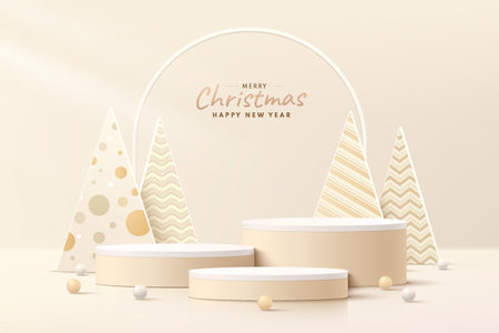 Abstract realistic 3D light brown cylinder podium set, Luxury Christmas tree and ball. Merry Christmas and new year scene for product display. Vector rendering form. stage showcaseのイラスト素材