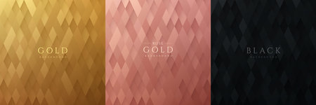 Set of golden, rose gold, black abstract rhombus shape pattern, Luxury 3D geometric pattern background. Can use for print ad, poster, web banner. Simple and minimal. Vector EPS10.のイラスト素材