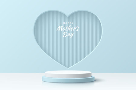 Abstract 3D room, realistic blue and white cylinder podium and heart shape scene. Minimal scene for product display. Vector geometric forms. Stage showcase. Mother's Day concept.のイラスト素材