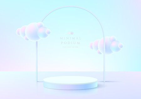 Abstract 3D room, realistic pink and blue hologram color cylinder podium. Pastel cloud flying. Minimal wall scene for product display. Vector geometric forms. Stage for showcase.のイラスト素材