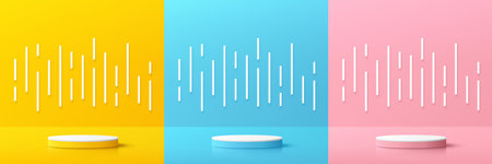 Set of yellow, blue, pink cylinder podium. Vertical white lines scene background. Abstract vector rendering 3d shape. Mockup product display. Minimal scene. Stage showcase.のイラスト素材