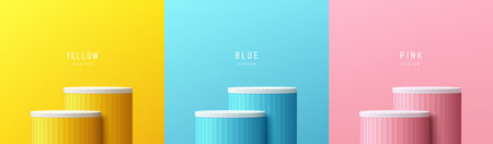 Set of yellow, blue, pink, white realistic 3d steps cylinder stand podium in pastel scene background. Abstract vector rendering geometric forms. Minimal scene. Stage showcase, Mockup product display.のイラスト素材