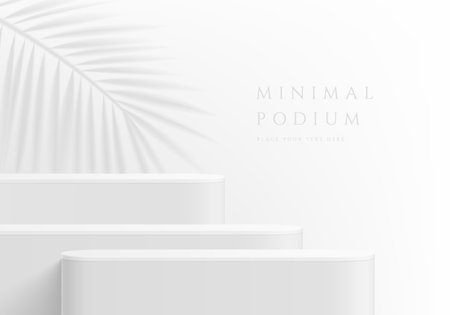 Abstract 3D background, Realistic white round pedestal podium or table set with palm leaf shadow overlay. Minimal wall scene for mockup product display. Vector geometric forms.のイラスト素材