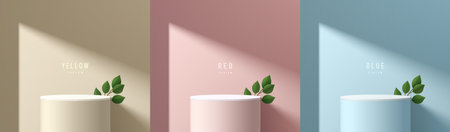 Set of abstract 3D background with beige, blue, pink realistic cylinder stand podium green leaf decorate.  Mockup product display. Minimal scene. Round stage showcase.のイラスト素材