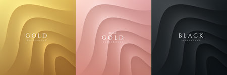 Set of abstract 3D waves ripples pattern on golden, pink gold, black background. Curve topography...