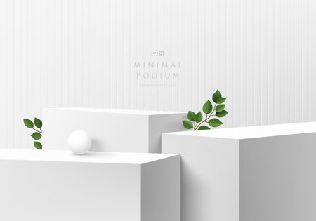 Abstract 3D background, Realistic white, gray steps cube box stand podium or desk set, green leaf. Minimal wall scene for mockup product display. Vector geometric forms.のイラスト素材