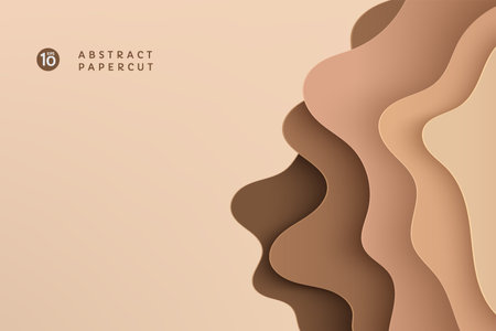 Abstract brown and beige paper cut wavy shapes layers background, copy space. Modern topo graphic. Fluid curve pattern in earth tone color. Vector illustrationのイラスト素材