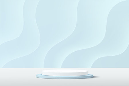 Abstract 3D white, blue cylinder podium with glowing light blue fluid wavy layers backdrop. Pastel blue minimal scene for product display. Vector geometric rendering platform.のイラスト素材
