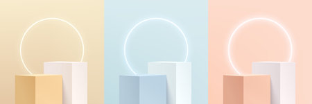 Set of abstract 3D pink, yellow, blue and white cube pedestal stand podium, illuminate circle neon. Pastel minimal scene collection. Vector rendering platform for product display.のイラスト素材