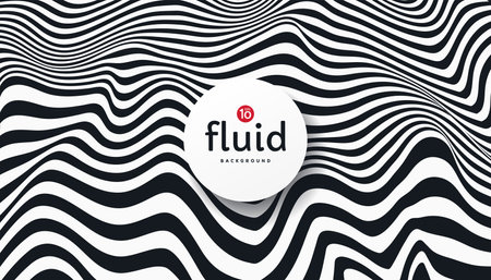 Abstract flowing fluid stripes lines black and white contrast background. Optical art wavy stripes pattern with copy space. Modern and minimal banner design. EPS 10 vector.のイラスト素材