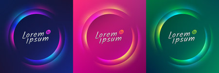 Set of blue, red-purple, green frame design. Abstract 3D cosmic vibrant color circle backdrop....