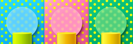 Set of yellow, green cylinder podium, Trendy color polka dot pattern background with circle glass morphism backdrop. Vector rendering 3d shape, product display. Abstract scene.のイラスト素材