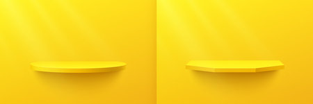 Bright yellow cylinder, hexagon shelf set, Pedestal Podium. Yellow orange wall scene, window lighting. Vector rendering 3d shape, Product display. Abstract studio room concept.のイラスト素材