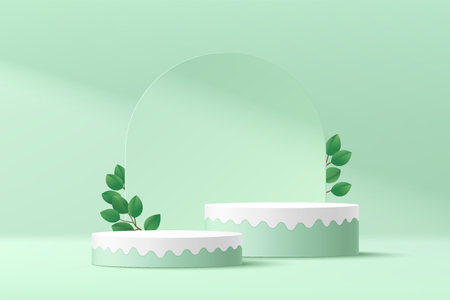 Green, white cylinder podium. Modern fluid shape platform, green leaf. Green minimal wall scene. Pastel color abstract room. Vector rendering 3d geometric shape for product displayのイラスト素材