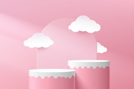 Vector rendering 3d geometric shape for product display. Pink, white cylinder podium. Modern fluid shape platform white cloud shape paper cut. Pastel pink minimal abstract scene.のイラスト素材